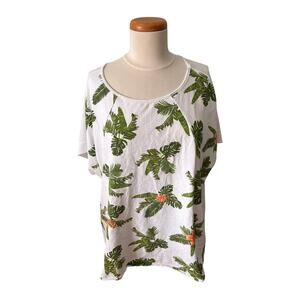Easel‎ T-Shirt Womens Large Off White Relaxed Floral Trees Tropical Short Sleeve
